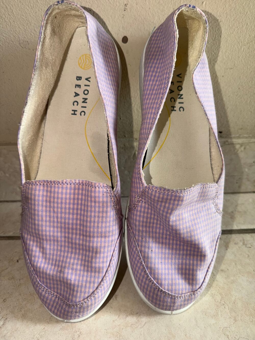 Vionic Beach Manzanita Dusty Lavender Gingham Slip-On Sneakers 12